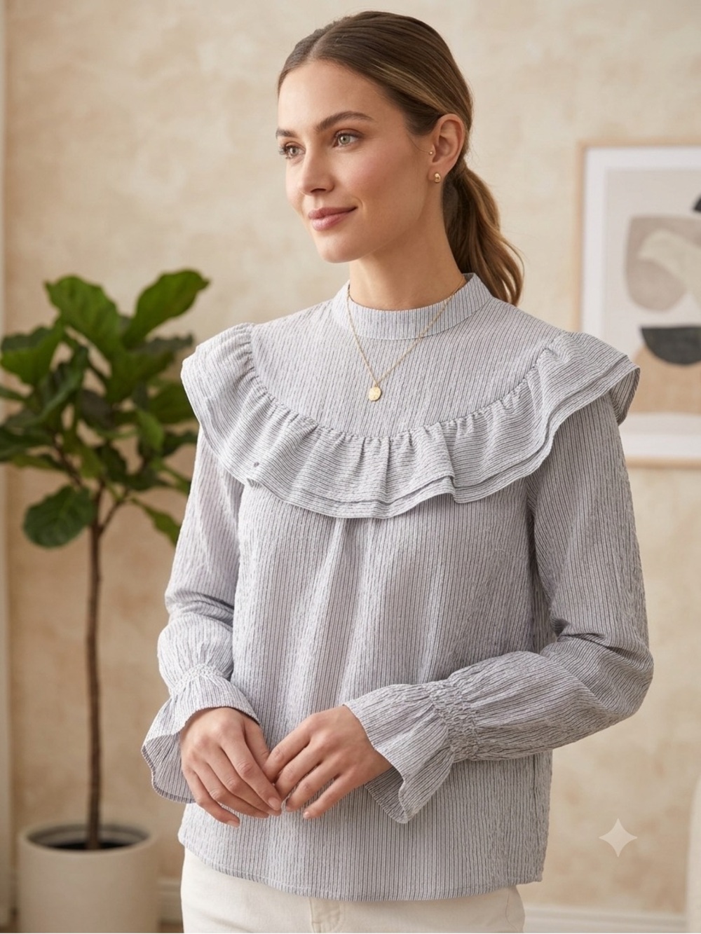 a.n.a Light Gray & Blue Ruffle Yoke Blouse